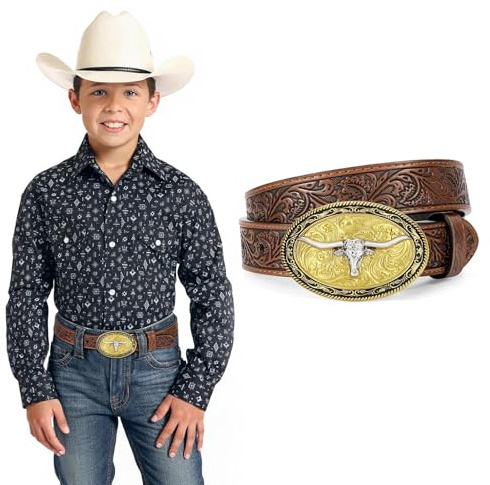 JKEEMI Kids Western Belt for Boys Girls, Embossed Genuine Leather Cowboy Cowgirl Belt for Jeans Pant Dresses Gift