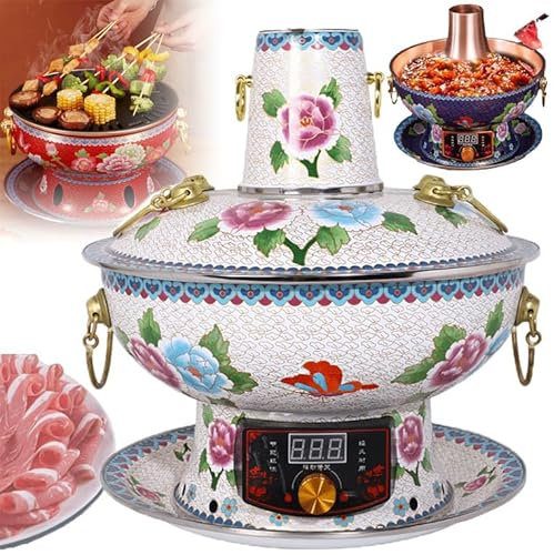 Chafing Dishes in Cina Da 34 Cm (Elettrico/Carbone a Doppio Scopo), Riscaldamento a Circolazione a 360°, Pentola Calda in Smalto Di Rame Puro - Pentola Singola/Pentola Doppia,White-A