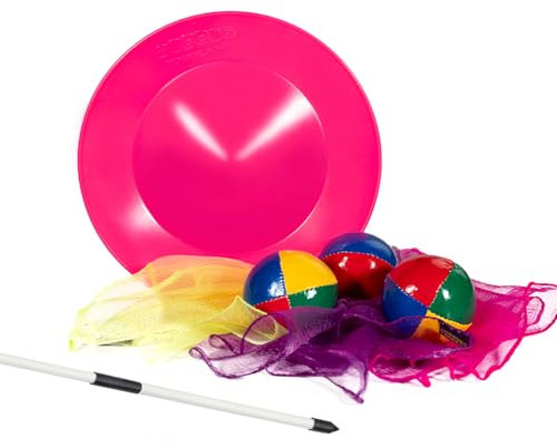 Juggle Dream Jonglierspiel-Set Jonglierteller (Rosa) inkl. Stab, 3 Stück Junior Jongliertücher (Gelb, Rosa, Lila), 3er Pro Thud Jonglierbälle