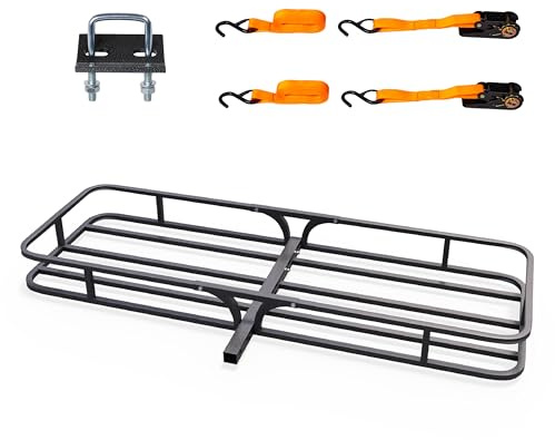 TUFFIOM 54x19x5.5 Hitch Mount Cargo Carrier Basket, 500lbs Steel Car Cargo Trailer Hitch Luggage Rack with Straps & Stabilizer for SUV Car Truck Van with 2 Hitch Receiver