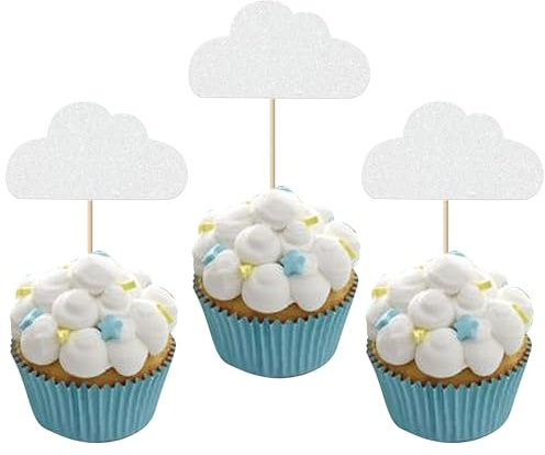 24 Stück Weiße Wolke Tortendeko Glitzer Cloud Cupcake Toppers Wolke Kuchen Deko für Cloud Thema Hochzeit Baby Dusche Jungen Mädchen Geburtstag Party Cupcake Dekorationen Weiße
