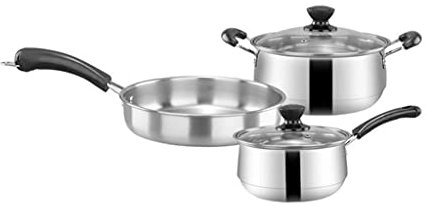Kochtopf, Bratpfanne, 3-teiliges Kochgeschirrset aus Edelstahl, Bratpfanne mit flachem Boden, Suppentopf, Milchtopf-Set