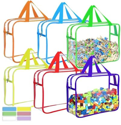 Qivine 6 Piezas Bolsas Juguetes, 6 Colores PVC Almacenamiento con Cremallera y Asas, Bolsa Transparente para Rompecabezas y Bloques de Construcción