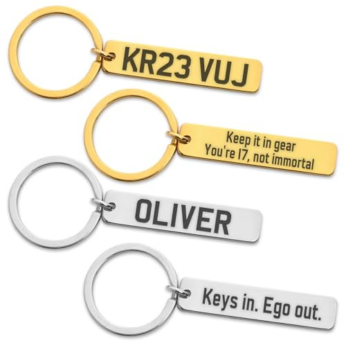 The Magical touch TMT Personalised Keyring Number Plate – Custom Engraved Car Accessories Plate Keychain in Silver & Gold – Unique Gift for Car Enthusiasts