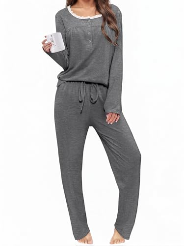 Aseniza Pyjama Femme Hiver Chaud Deux Pièces Ensemble Pyjama Coton Doux avec Pantalon et Haut Manches Longues avec Dentelle Chaud Femme Hiver Lavable Idéal comme Tenue Maison ou Allaitement Gris,M