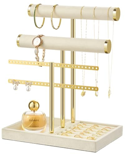 bussdis 3 Tier Bracelet Holder Display - Detachable T Bar Beige Velvet Bracelet Holder, Jewelry Holder Organizer for Bracelet, Necklace, Earrings, Rings