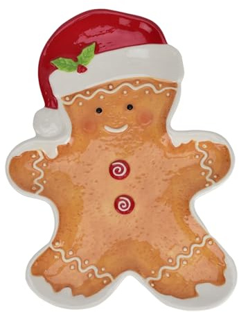 Widdop Piatto natalizio in ceramica con pan di zenzero, cappello di Babbo Natale, omino di pan di zenzero, piatto da portata per biscotti, snack e dolcetti, 26 cm