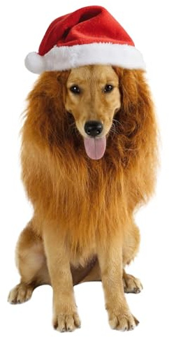 Löwenmähne Weihnachtsmütze für Hunde, Verstellbares Haustierkostüm, Halloween Party Kostüm, für Mittlere und Große Hunde (Braun)