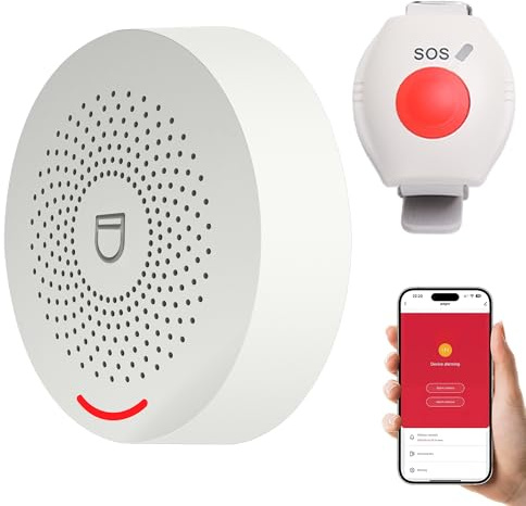 XUK Bracelet Alarme Personne Agee WiFi, Système d'Alerte Intelligent Compatible Tuya, Smart Life et Alexa – Bouton d’Urgence Étanche sans Fil 200 m avec Récepteur, Volume Réglable (Pack de 2 produits)