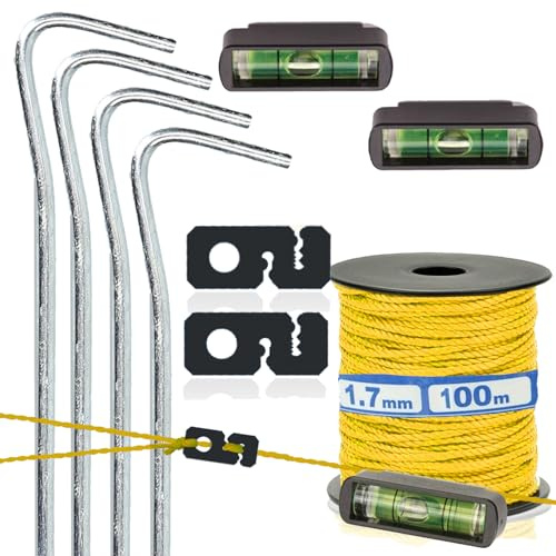 SmartyFix® Maurerschnur Set bestehend aus Maurerschnur (Richtschnur 100m x 1,7mm) Maurerschnurspanner (Schnurspanner) mobile Schnurwasserwage und Erdnägel (Hering)