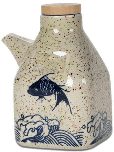 BEAHING Bottiglia di di soia 5x3 Dispenser di Olio in Ceramica con Coperchio in Legno Modello di Pesce Contenitore Liquido Stile Giapponese per aceto Ponzu di soia Shoyu