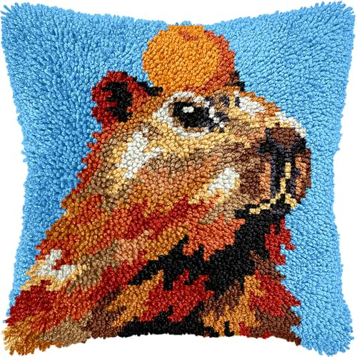 iptek Colorful Capybara Latch Hook Kits for Adults Beginners Cute Animals Latch Hook Pillow Kit Pre-Printed Latch Hook Rug Kits Cross-Stitch Embroidery Cushion for Home Sofa Decoration 17x17 in.