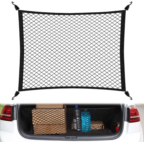 QWORK® Rete Bagagliaio Auto 80x60cm Estensibile Fino a 160x120cm – Organizer Elastico con 4 Ganci per SUV, Furgoni e Camper – Rete Portaoggetti Universale per Fissaggio Carico e Bagagli