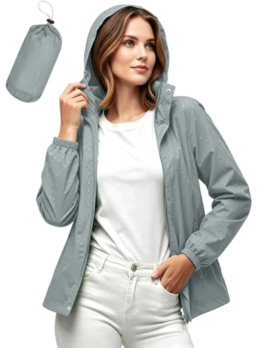 MJGkhiy Chaqueta impermeable mujer viaje plegable chaquetas de viento lluvia senderismo Trench con capucha impermeable cortavientos Softshell deportivo ligero Raincoat camping running, luz ceniza, L