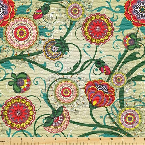 ABAKUHAUS Blumen Stoff als Meterware, Orientalische Inspirationen, Qualitäts Stoff Dekorativer Polster Heimtextilienstoff, 2M (148x200cm),Blasser Teal Rot