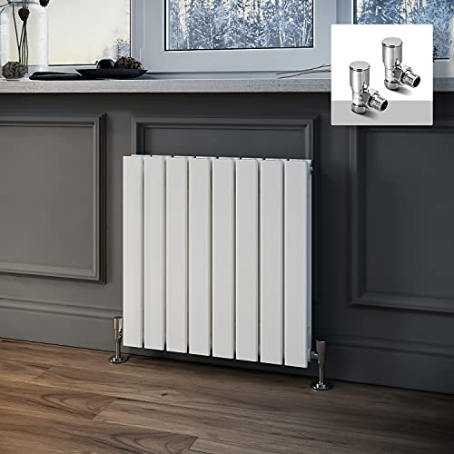 ELEGANT Horizontal Column Designer Radiator Oval Flat Panel White Modern Central Heating Radiators Single Panel 600 x 600 mm + Valves Chrome