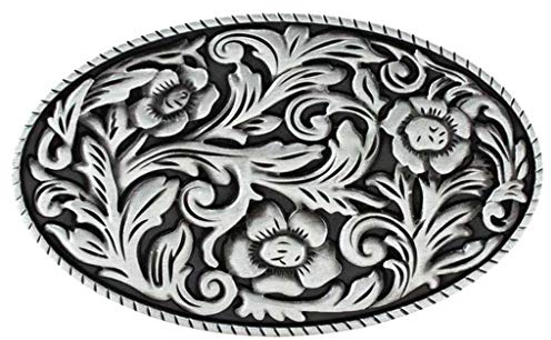 WANLIAN Ovalt metallspänne för unisex, antikt silverblommor med repkant västern bältesspänne, mode västerländsk bältesspänne cowboyspänne för män och kvinnor för daglig användning, 9,6 x 6,35 cm