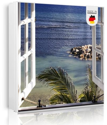 banjado Großer Schlüsselkasten Metall - Schlüsselbox 30x30cm beschreibbarer mit 32 Haken - Schlüsselkasten modern für Schlüsselaufbewahrung - Korpus Weiß Scharnier Rechts - Motiv Fensterpanorama
