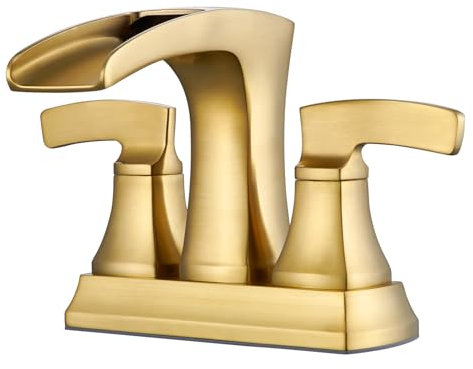 Lexdale MP106 BG Waterfall Bathroom Sink Faucet, Brushed Gold, Brass, 2 Handles, Centerset, Deck Mount, 2 or 3 Hole, Contemporary Style, 1.5 GPM, Includes Drain & Supply Lines