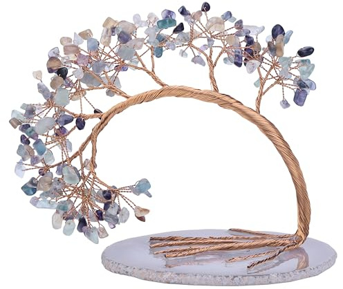 Nupuyai Fluorit Edelstein Baum Geldbaum Feng Shui Kristall Hochzeit Deko | Großer Wunsch Kristallbaum mit Achat Scheibe Basis, Heilstein Glücksbaum, kristall Lebensbaum Hochzeit Geschenk Wohn Deco