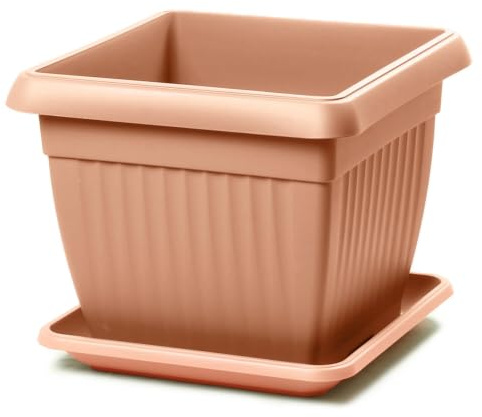 IMJ-Global - Vasi per Piante da Esterno Quadrati con Sottovaso (19x19x16cm) Fioriere da Balcone in Plastica Resistente a Intemperie e Sole, Vaso Classico Utilizzabile anche All'Interno (Terracotta)