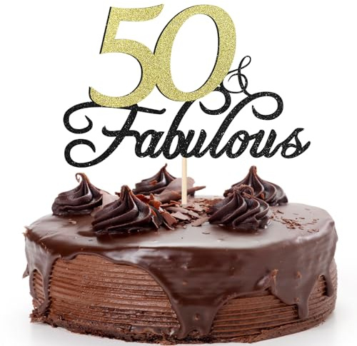 Sotpot 50 Fabulous Birthday Cake Topper Black Gold Glitter Cake Pick for 50th Happy Birthday Anniversary Wedding Party Supplies