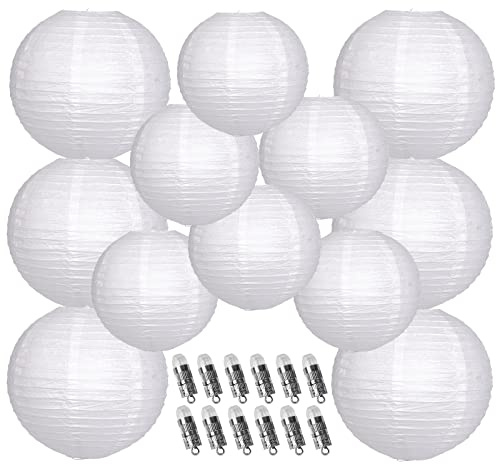 YUNXUAN Paper Lanterns Decorative, White Hanging Round Chinese Lanterns with Lights for Wedding Anniversary Birthday Party 12 LED Light Pack of 12