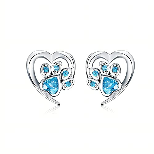 BLEKKI Ohrstecker Silber 925 Pfoten Mit Zirkonia - Echt Silber Ohrringe Für Damen und Mädchen - Katzenpfote Hundepfote - Ohrringe Silber 925 Stecker (blau)