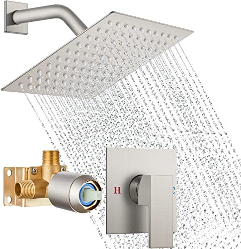 Cinwiny Wandmontiertes Regenduschsystem aus gebürstetem Nickel, mit 20,3 cm quadratischem Edelstahl-Regenduschkopf, Einzelfunktion, ein Griff mit NPT-Außengewinde, 1,27 cm Gewinde, raues Ventil,