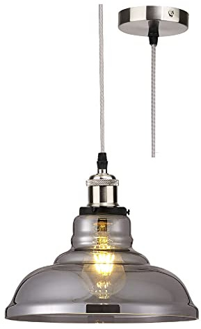 Brushed Chrome & Smoked Tapered Dome Glass Vintage Retro Pendant Ceiling Light | 28cm Diameter | Silver Braided Cable | 1 x ES E27 Lamp Bulb Required | 240 Volts | Bedroom - Lounge - Kitchen