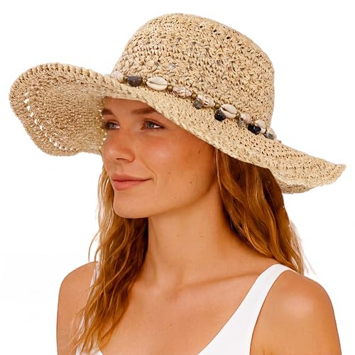Comhats Solhatt dam sommar stråhatt vikbar handgjord strandhatt UV-skydd, 94558_beige, M