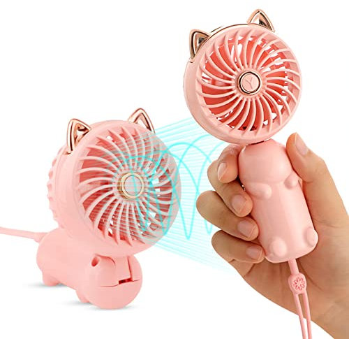 KLUFO Handheld Mini Fan, 3 Speeds Strong Wind Personal Portable USB Fan with Rechargeable Battery, Cute Foldable Small Electric Fan for Girls/Women/Kids Outdoor Travel, for Office/Desktop,Pink