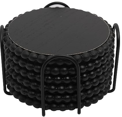 GENMOUS Coasters Set of 6 for Drinks with Metal Holder, Farmhouse Wooden Bead Coasters, Absorbent Square Handmade Rustic Cute Cup Coffee Coaster for Home Kitchen Table Décor Gift Black