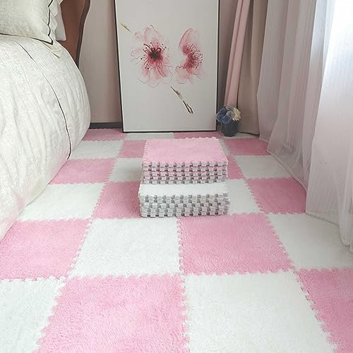 20pcs/19.38sqft Ineinandergreifende Puzzle-Teppichfliesen Mit Grenze PlüSch-Schaumstoffmatten 30,5 X 30,5 X 1 Cm Flauschige Teppiche Diy-Patchwork Nahtlose Spielmatte, (Size:30x30x1cm,Color:weiß+rosa)