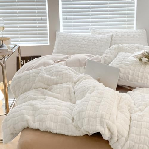 Lanqinglv Plüsch Bettwäsche 200x220 Kunstfell Weiß Flauschig Warme Flanell | ÖKO-TEX Zertifiziert,Winterbettwäsche für Allergiker,Cashmere Touch Biber Bettbezug 2 Kissenbezüge 80x80 mit Reißverschluss