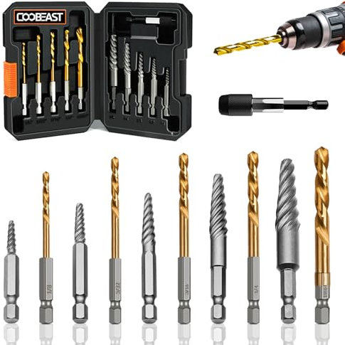 Coobeast 11Pcs Screw Extractor Set, Left Hand Drill Bit and Bolt Extractor Kit Easy to Remove Stripped Broken Damaged Screw Bolt and Nut Out, Reverse Drill Bit Extractor Set with Sturdy Case