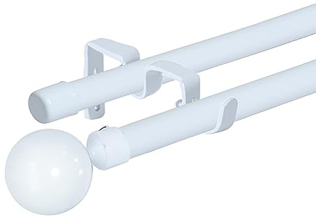 HOMEYA - Barras de Cortina Doble 120-210 cm, Barra de Cortina Extensible 16-19mm, con Terminales Forma Redonda con Soportes, Barra de Cortina de Metal Decorativa Ajustable para Sala de Estar/Blanco