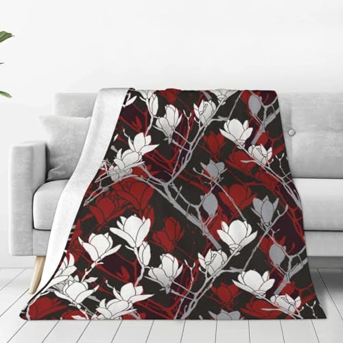 Decke, Schwarz, Weiß, Grau und Rot, Blumenmuster, weiche Überwurfdecke, ganzjährig warme Decken, leichte Flauschige Flanellüberwürfe für Bett, Sofa, Couch 150X125 cm
