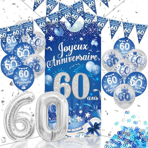 DPKOW Français Décorations Anniversaire 60 ans Homme Bleu Argenté, Banderoles Bannière Joyeux Anniversaire 60 ans Ballon en Foil Latex de Confetti Déco