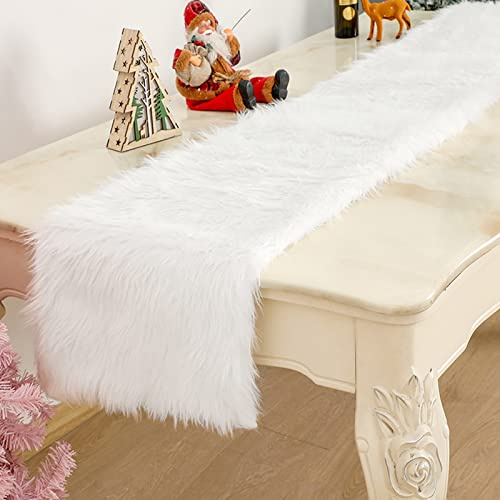 BEIJIALY Tischläufer, Tischläufer aus Weißem Fell, Tischläufer aus Kunstfell, Urlaubsdekoration, Weißer Kommodenläufer für Schlafzimmerkommode, Tischdekorationsläufer für Hochzeiten(Weiß)