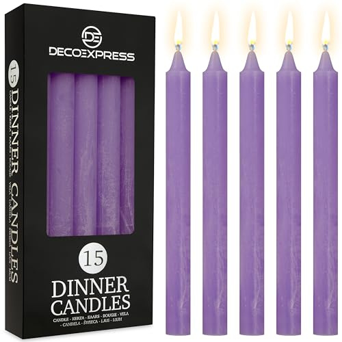 DECO EXPRESS Stabkerzen Kerzen Set 15er Pack Handgemachte Rustik Kerzen Geruchslos Lange Brenndauer bis zu 9 Stunden Tropffreie Tafelkerzen (Lila - 15 Pack