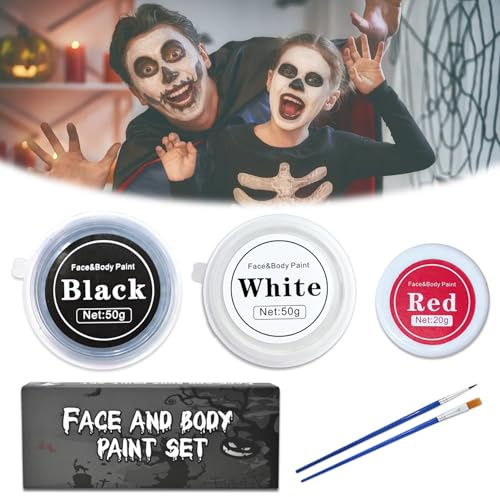 Halloween Schminke Set - Weiß Schwarz Rot Gesichtsfarbe Mit Makeup Pinsel für Theaterschminke, Clown Makeup, Karnevalsschminke, Party Make up (A)