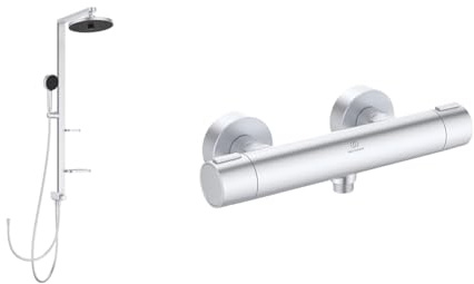 Set aus Ideal Standard BD585SI Alu+ Duschsystem mit 2 Ablagen, 2-Funktionshandbrause, 2-Funktionskopfbrause, Brauseschlauch 175cm, Silber (Silver) + BD582SI Alu+ Brausethermostat für Dusche, Aufputz