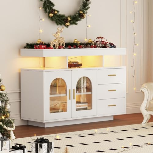 PUGSDRLY Commode avec 3 Tiroirs et 2 Portes,Meuble Rangement Salon,Buffet Salon avec lumière LED,Moderne Commode Blanche pour de Multiples Scénarios 120x40x80cm