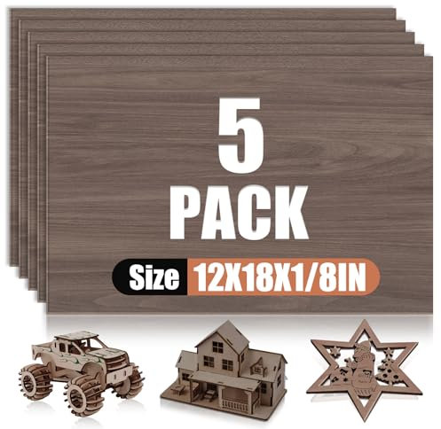5-pack valnöt plywood ark 12 x 18 x 1/8 tum, 3 mm plywood för laserskärning och gravering, obehandlat trä för hantverk, träbränning, arkitektoniska modeller.