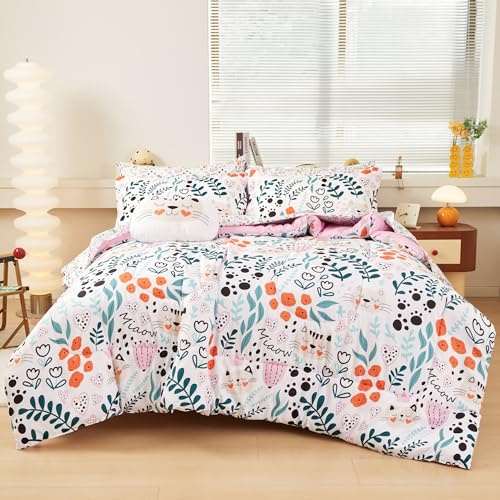 Mooreeke Twin Size Comforter Sets for Girls Kids, 6 Pieces Bed in a Bag Flower and Cat Bedding Comforter Sheet Set with Shams and Decorative Toy Pillow, Ultral Soft Microfiber Kids Bed Set