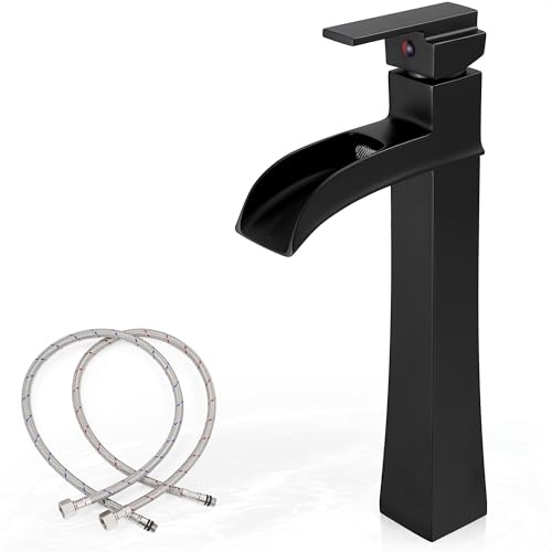 HOIGY Matte Black Tall Bathroom Faucet Single Hole, 12 Inch Waterfall Bathroom Vessel Sink Faucet, Single Handle for Bowl Sink Countertop, Farmhouse, Brass Material, 5 Mins Install, No Pop-Up Drain