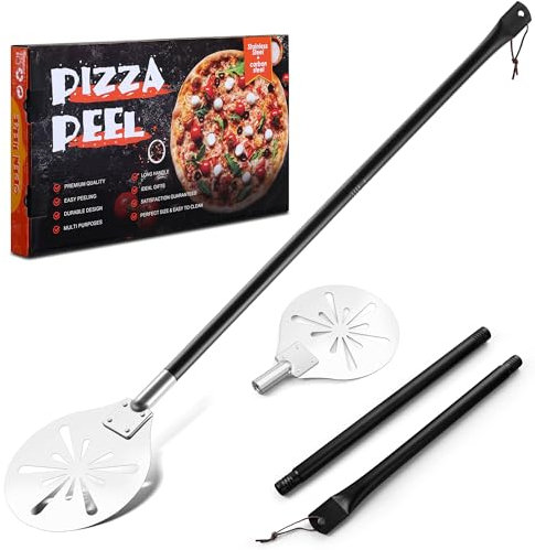 Homikit Pelle à pizza 22,8 x 25 x 85 cm en acier inoxydable perforée ronde avec poignée amovible pour glisser facilement sur la pierre à pizza, spatule à pizza pour four, barbecue, four en pierre