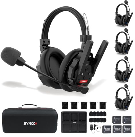 SYNCO XTALK XMax5 Wireless Intercom Headset für Film & Teamwork (5PCS) | 500m/1640ft Reichweite, 2.4GHz Full-Duplex, AEC Rauschunterdrückung, 3.5mm Monitor, 24h Akku, für Baustellen, Interviews