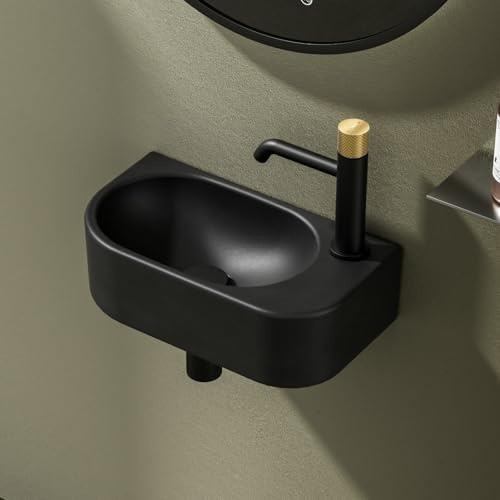 EMKE Lave-Mains Noir Mat 40 x 21,5 x 12 cm, Robinet à Droite | EMKE Lave-Mains Noir Mat 40 x 21,5 x 12 cm, Robinet à Droite(Sans Robinet ni Bonde)